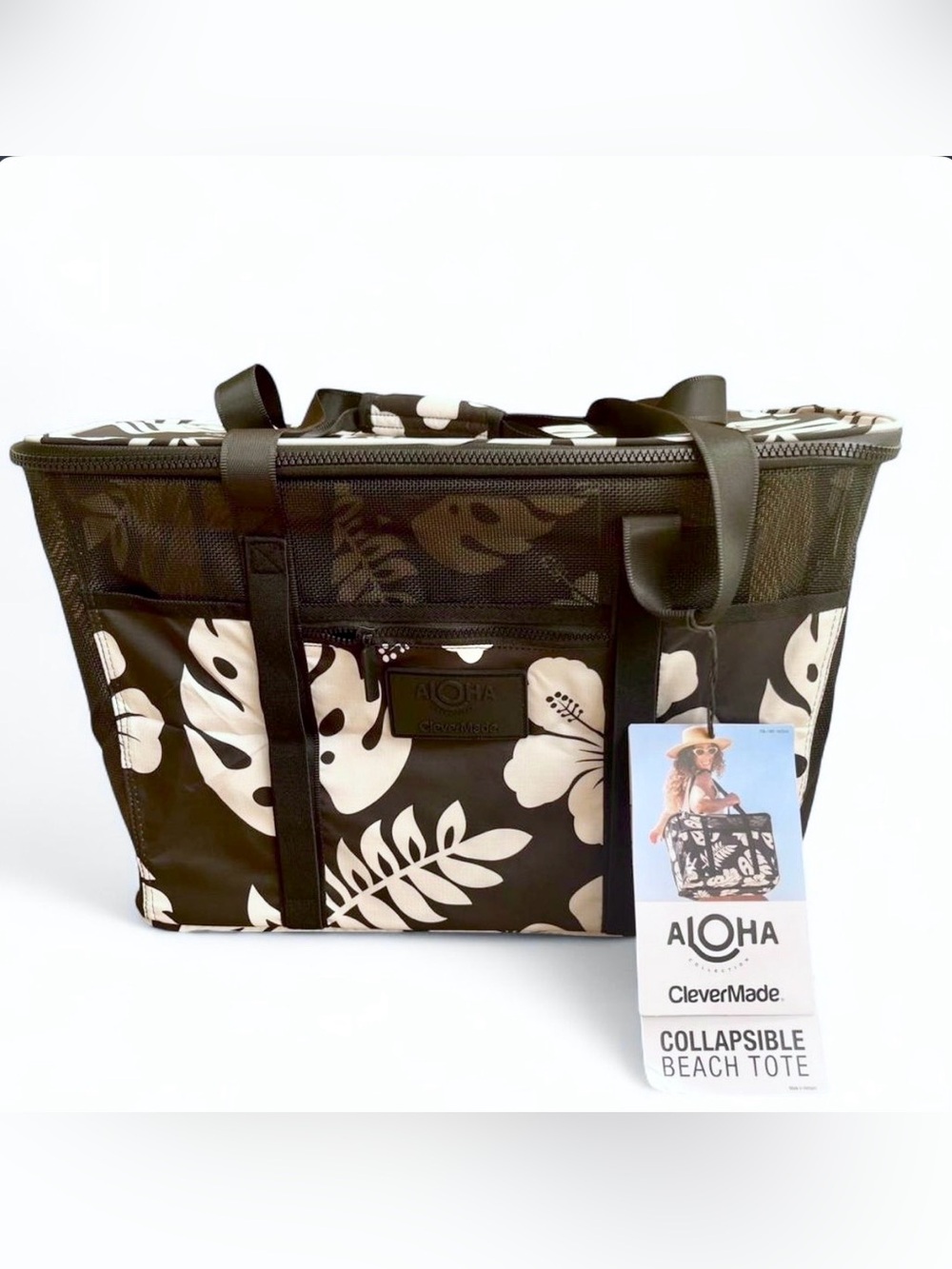 ALOHA x CleverMade Collapsible Beach Tote Black Tropical Floral NWT
